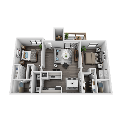 Floor plan for 2 beds, 2 baths, 970 sqft